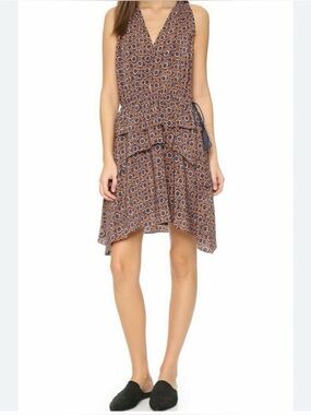 DEREK LAM 10 CROSBY MEDALLION FLORAL V NECK SLEEVELESS SILK DRESS